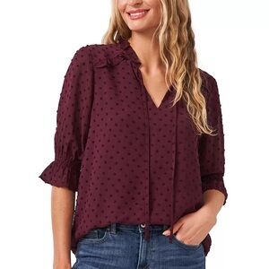 CECE PLUM SPLIT NECK CLIP DOT ELBOW SLEEVE BLOUSE